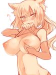  animal_ears blush breasts bridal_gauntlets fang fox_ears grabbing large_breasts long_hair monochrome navel nipples open_mouth oshiruko_(tsume) shirt_lift simple_background smile solo white_background 