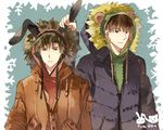  animal_ears bear_ears black_hair brown_hair bunny_ears coat ear_pull emiya_kiritsugu fake_animal_ears fate/zero fate_(series) fur_trim hood imme_111 kotomine_kirei multiple_boys winter_clothes 