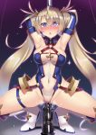  armpits arms_up blonde_hair blue_eyes blush boots bradamante_(fate/grand_order) breasts breath cleavage covered_navel dildo elbow_gloves erect_nipples fate/grand_order fate_(series) faulds gloves groin hair_ornament heart heart-shaped_pupils highres kutan leotard long_hair medium_breasts navel pole pole_dancing solo sweat symbol-shaped_pupils twintails very_long_hair wet wet_clothes 