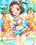  artist_request brown_hair crop_top flower hair_ornament idolmaster idolmaster_cinderella_girls jewelry microphone midriff navel necklace official_art one_eye_closed open_mouth short_hair shorts smile tank_top yanase_miyuki yellow_eyes 