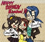  3girls belt black_hair blue_hair blush blush_stickers brown_hair carol_(skullgirls) character_name closed_eyes commentary dated dress fangs filia_(skullgirls) grin hand_on_hip happy_birthday height_difference hug looking_at_another multiple_girls no_pupils nyoro_mutou one_eye_closed open_mouth painwheel_(skullgirls) parted_lips ponytail red_eyes samson_(skullgirls) scar signature skirt skullgirls smile valentine_(skullgirls) yellow_eyes 