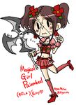  artist_name bike_shorts blush blush_stickers brown_hair character_name choker commentary flower hair_flower hair_ornament high_heels leg_up magical_girl midriff navel nyoro_mutou painwheel_(skullgirls) scar short_twintails simple_background skirt skullgirls solo sweat twintails wavy_mouth white_background 