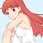  bare_shoulders blue_background breasts looking_at_viewer lowres medium_breasts red_eyes red_hair shinama simple_background smile solo tokimeki_memorial 