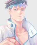  aztis blue_eyes diamond_wa_kudakenai earrings green_hair headband jewelry jojo_no_kimyou_na_bouken kishibe_rohan male_focus pale_color solo 