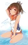  arm_up between_thighs blush brown_eyes brown_hair dated hair_ornament i-401_(kantai_collection) kantai_collection looking_at_viewer partially_submerged sailor_collar school_swimsuit short_hair short_ponytail signature sitting smile solo star swimsuit swimsuit_under_clothes takeshima_(nia) tan 