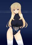  arms_behind_back bare_shoulders blonde_hair blush breast_expansion breasts cameltoe highres huge_breasts knight leotard long_hair mind_control nehani_(tworship) open_mouth original pussy_juice pussy_juice_stain red_eyes solo thighhighs white_legwear 