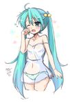  2014 ama_(monochrome_works) aqua_eyes aqua_hair artist_name blush dated hatsune_miku long_hair md5_mismatch navel one_eye_closed open_mouth panties see-through solo strap_slip striped striped_panties thighhighs twintails underwear very_long_hair vocaloid white_background 