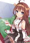  ahoge bare_shoulders blue_eyes boots breasts brown_hair cup detached_sleeves double_bun hair_ornament hairband japanese_clothes kantai_collection kongou_(kantai_collection) long_hair medium_breasts nontraditional_miko skirt smile solo teacup thigh_boots thighhighs yayoi_(egoistic_realism) 