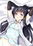  arms_up asashio_(kantai_collection) black_gloves black_hair blue_eyes blurry blush bottomless coffee_cat depth_of_field elbow_gloves gloves kantai_collection long_hair lying on_back parted_lips sketch solo 