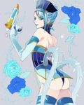  ass backless_outfit bad_id bad_pixiv_id blue_eyes blue_flower blue_hair blue_rose blue_rose_(tiger_&amp;_bunny) crystal_earrings earrings elbow_gloves flower gloves gun hat hoe_satsuki jewelry karina_lyle lipstick makeup plant rose short_hair solo superhero thorns tiger_&amp;_bunny vines weapon 