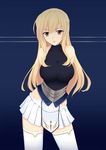  arms_behind_back bare_shoulders blonde_hair breasts highres knight large_breasts leotard long_hair nehani_(tworship) open_mouth original pleated_skirt red_eyes skirt solo thighhighs white_legwear zettai_ryouiki 