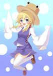  bad_id bad_pixiv_id blonde_hair blue_background blue_eyes blush full_body gradient gradient_background hair_ribbon hat jumping moriya_suwako open_mouth polka_dot polka_dot_background ribbon ro-ichi shoes short_hair sidelocks skirt skirt_set sleeves_past_wrists solo thighhighs touhou wide_sleeves 