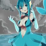 blue_eyes blue_hair breasts center_opening cleavage cloud cloudy_sky elbow_gloves gen_1_pokemon gloves head_fins large_breasts mermaid monster_girl navel ocean personification pokemon short_hair sky solo takeshima_(nia) vaporeon 
