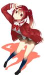  bad_id bad_pixiv_id cardigan free! highres jacket jyan kneehighs loafers long_hair matsuoka_gou navy_blue_legwear ponytail red_eyes red_hair ribbon school_uniform shoes solo track_jacket v 