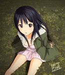  akiyama_mio black_eyes black_hair coat dress grass highres k-on! long_hair sitting zasshu_tamashii 