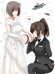  aircraft airplane blush bouquet bride brown_eyes brown_hair dress e16a_zuiun elbow_gloves fairy_(kantai_collection) flower formal gloves groom hand_kiss heart hyuuga_(kantai_collection) ise_(kantai_collection) kantai_collection kiss multiple_girls pant_suit ponytail short_hair speech_bubble spoken_heart suit ulrich_(tagaragakuin) wedding_dress wife_and_wife yuri zuiun_(kantai_collection) 