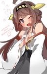  ;d ahoge artist_name brown_eyes brown_hair dated double_bun headgear heart index_finger_raised kantai_collection kongou_(kantai_collection) long_hair nontraditional_miko one_eye_closed open_mouth pointing ribbon-trimmed_sleeves ribbon_trim signature smile solo takeshima_(nia) twitter_username white_background 