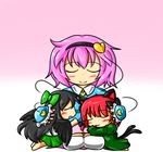  animal_ears black_hair blush bow cat_ears chibi feiton hair_bow hug kaenbyou_rin komeiji_satori long_hair multiple_girls pink_hair red_hair reiuji_utsuho sleeping touhou wings younger 