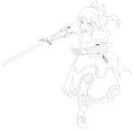  :&lt; absurdres armor bow breastplate dress gauntlets greaves greyscale hair_bow highres kirio_(ccr00235) lineart long_hair monochrome no_nose ponytail scabbard shanghai_doll sheath simple_background solo standing standing_on_one_leg sword touhou weapon white_background 