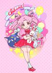  alternate_costume balloon bare_legs bishoujo_senshi_sailor_moon bobby_socks bow candy cat character_name chibi_usa diana_(sailor_moon) doll double_bun food full_body gift hair_bow lollipop luna-p mary_janes motozaki_mio pink pink_background pink_eyes pink_hair pink_skirt polka_dot polka_dot_background puffy_sleeves shirt shoes short_hair skirt smile socks striped striped_shirt swirl_lollipop twintails 