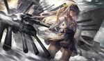  ahoge battleship boots brown_eyes brown_hair detached_sleeves ghostas hand_on_hip headgear highres kantai_collection kongou_(battleship) kongou_(kantai_collection) military military_vehicle nontraditional_miko object_namesake ship skirt smoke solo standing thigh_boots thighhighs warship watercraft 