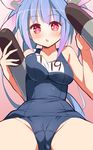  9law :o blue_hair blush cameltoe gradient_hair hair_ribbon highres i-19_(kantai_collection) impossible_clothes impossible_swimsuit kantai_collection looking_at_viewer multicolored_hair name_tag one-piece_swimsuit purple_hair red_eyes ribbon school_swimsuit school_uniform signature sketch solo swimsuit torpedo 