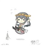  :3 arms_up bad_id bad_pixiv_id black_hair boots bow chibi flying_sweatdrops hair_ornament hairclip haruna_(kantai_collection) headgear highres kantai_collection legs_up long_hair nontraditional_miko ribbon-trimmed_sleeves ribbon_trim shadow simple_background skirt solid_circle_eyes solo thigh_boots thighhighs translation_request white_background wide_sleeves yuasan 