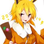  2014 :p animal_ears blonde_hair fur_trim gen_1_pokemon japanese_clothes jolteon kimono looking_at_viewer paddle personification pokemon purple_eyes short_hair solo takeshima_(nia) tongue tongue_out white_background 