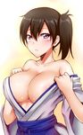  areola_slip areolae bare_shoulders black_hair blue_eyes blush breasts collarbone frown highres huge_breasts japanese_clothes kaga_(kantai_collection) kantai_collection mizuse_kouichi short_hair side_ponytail solo undressing 