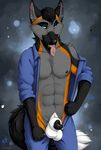  abs anthro balls biceps black_fur black_hair black_nipples black_nose blue_eyes brown_fur canine clothing cross_fox ear_piercing fox fur genital_piercing grey_fur hair jumpsuit looking_at_viewer male mammal mechanic muscles nipples open_shirt pecs penis penis_piercing penis_tip piercing plain_background pose presenting sheath shirt simple_background solo standing tanner_james tjkross toned tongue tongue_out tongue_piercing truegrave9 undressing white_fur wolf 