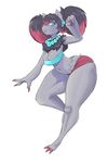  anthro blue_eyes boy_shorts breasts canine claws clothed clothing female fox fur hair mammal navel necklace nintendo plain_background pok&#233;mon pok&eacute;mon red_hair shorts skimpy solo toe_claws tube_top twintails underwear video_games voluptuous white_background wide_hips xopachi zoroark 