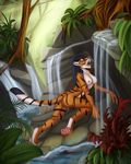  feline female mammal merrunz nude open_mouth solo tiger water waterfall whiskers yawn 