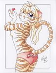  &lt;3 absurd_res anthro breasts cute feline female hi_res looking_at_viewer mammal michele_light pinup side_boob solo thrown_kiss tiger topless traditional_media 