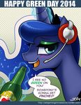  blue_eyes blue_hair blush cider drunk english_text equine female feral friendship_is_magic hair holidays horn horse john_joseco long_hair looking_at_viewer mammal my_little_pony pony princess_luna_(mlp) smile solo st._patrick&#039;s_day st._patrick's_day text winged_unicorn wings 
