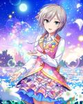  anastasia_(idolmaster) artist_request beads blue_eyes bubble dress_shirt flower hair_ornament idolmaster idolmaster_cinderella_girls looking_at_viewer moon official_art shirt short_hair silver_hair skirt solo sparkle star star_(sky) vest wonderful_magic 