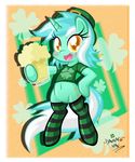  alcohol beer beverage clothing clover cutie_mark danmakuman equine female four_leaf_clover friendship_is_magic glass green_hair hair horn horse looking_at_viewer lyra_heartstrings_(mlp) mammal my_little_pony pony shirt socks solo standing two_tone_hair unicorn white_hair yellow_eyes 