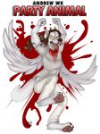  andrew_w.k. biceps blood brown_hair canine clothing floebean fur hair insane male mammal muscles nosebleed pants plain_background shirt solo teeth text toned tongue tongue_out white_background white_fur white_wolf wings wolf 