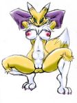  blue_eyes breasts chest_tuft claws crouching digimon facial_markings female fur gloves markings nipples nude plain_background presenting pussy renamon solo spread_legs spreading tuft white_background white_fur yellow_fur 