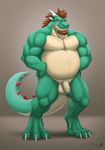 anthro balls bear beard biceps big_muscles brown_hair chubby claws dragon facial_hair flaccid furrybob goatee green_dragon green_skin grin hair hands_on_hips horn humanoid_penis laggio looking_at_viewer male musclegut muscles nude pecs penis pose presenting red_eyes reptile scales scalie scar smile solo standing toe_claws uncut 
