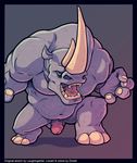  4_fingers anthro balls barefoot biceps chubby dredd hi_res horn laughingartist looking_at_viewer male mammal manly musclegut muscles navel no_nipples nude open_mouth pecs penis raised_arm rhinoceros sharp_teeth solo teeth tongue 