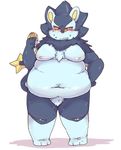  &#12425;&#12435;&#12383;&#12435;&#12385;&#12419;&#12435; ??????? anthro blush chest_tuft crotch_tuft food fur looking_at_viewer luxray male mammal navel nintendo nipples nude obese overweight plain_background poffin pok&#233;mon pok&eacute;mon red_sclera solo standing thick_thighs tuft video_games white_background yellow_eyes 