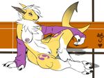  abstract_background anthro blue_eyes breasts canine digimon edit female fish fox hybrid mammal marine mei5683 nipples nude pose pussy renamon shark sitting solo 