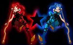  armband bad_id bad_pixiv_id bishoujo_senshi_sailor_moon blue_eyes blue_hair braid cyprine_(sailor_moon) dress earrings hair_bun highres jewelry long_hair multiple_girls pantyhose ptilol_(sailor_moon) red_eyes red_hair short_dress siblings side_braid side_bun single_braid sisters staff star wristband yue_(milotic_cresselia) 