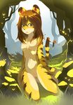  absurd_res black_nose blush breasts brown_hair chest_tuft chilon feline female fur green_eyes hair hi_res kneeling long_hair looking_at_viewer mammal nude pussy sitting solo tiger tuft yellow_fur 