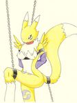  arms_behind_back bdsm black_nose black_sclera blue_eyes bondage bound breasts chain chest_tuft collar digidredg digimon facial_markings female fur markings navel nipples one_leg_up renamon spiked_collar tuft 