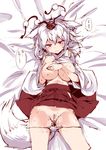  animal_ears blush breasts covering covering_breasts detached_sleeves hat highres inubashiri_momiji karochii large_breasts looking_at_viewer panties panty_pull pubic_hair pussy pussy_juice red_eyes short_hair silver_hair sketch solo tail tokin_hat touhou translated underwear white_panties wolf_ears wolf_tail 