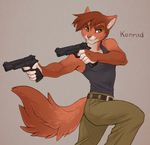  amber_eyes anthro cat clothing dual_wielding feline fur gun hair iskra konrad konrad_zengel male mammal pants pistol ranged_weapon red_body red_fur red_hair shirt smile solo tank_top text toned weapon 