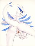  anthrofied anus butt female looking_at_viewer looking_back lugia masturbation nintendo plain_background pok&#233;mon pok&eacute;mon presenting presenting_hindquarters pussy solarscape solo traditional_media video_games watercolor white_background yellow_eyes 
