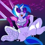  anthro anthrofied arnachy blue_hair bottomless breasts clothing equine eyewear female fishnet friendship_is_magic fur hair horn horse mammal my_little_pony nipple_slip pony pussy solo spread_legs spreading sunglasses tongue tongue_out unicorn vinyl_scratch_(mlp) white_fur 