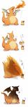  annoyed azuma_minatsu burnt charizard fire humor japanese_text nintendo open_mouth plain_background pok&#233;mon pok&eacute;mon shadow simple_background standing sweat text tongue translated typhlosion video_games white_background wings 